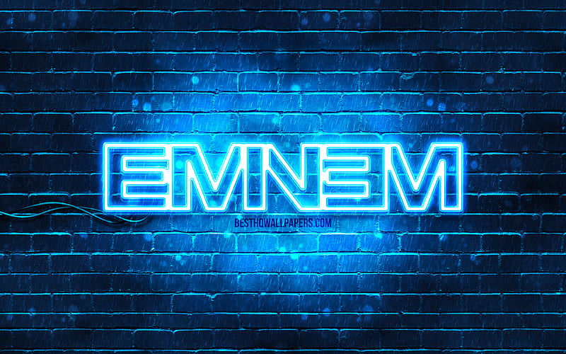 Eminem blue logo superstars, american rapper, blue brickwall, Eminem logo, Marshall Bruce Mathers III, Eminem, music stars, Eminem neon logo, HD wallpaper