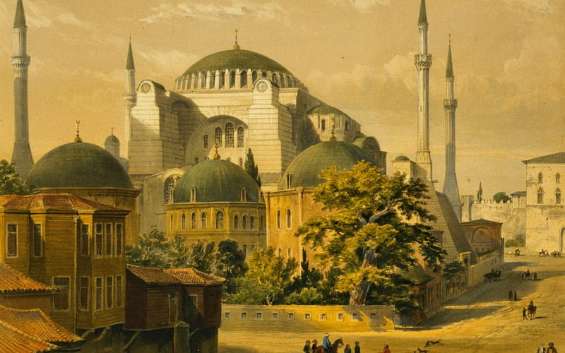 Hagia Sophia, art, yellow, church, Turkey, building, tree, green, painting, pictura, HD wallpaper