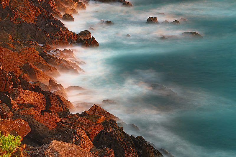 Chocolate shore, rocks, oceans, shore, brown, chocolate, background, waves, water, nature, landscape, blue, HD wallpaper