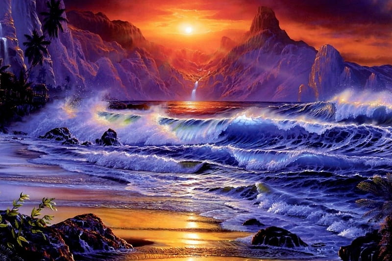 Sunset, mountain, waves, sea, HD wallpaper