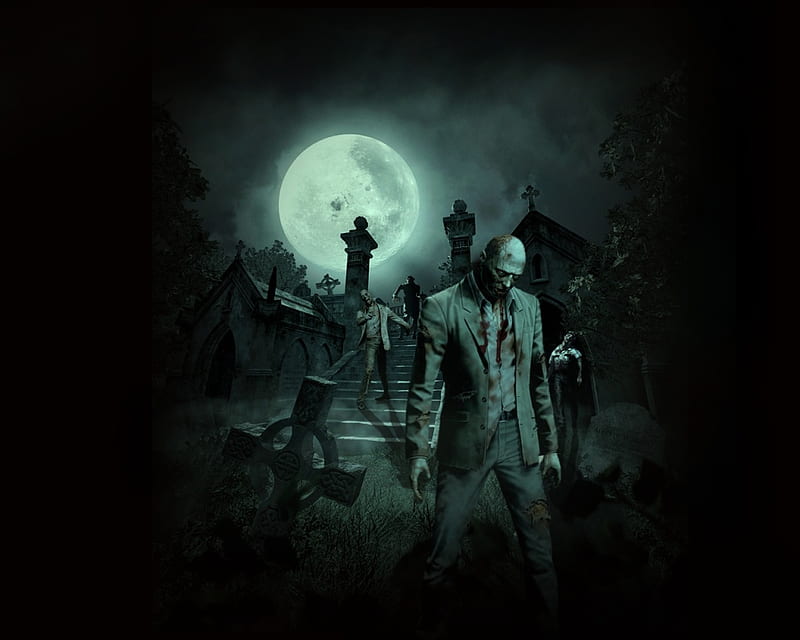 Zombies, graves, moon, cemetery, tombstones, graveyard, zombie, HD wallpaper