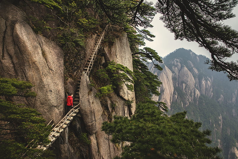 person in red hooded jacket on a staircase, HD wallpaper