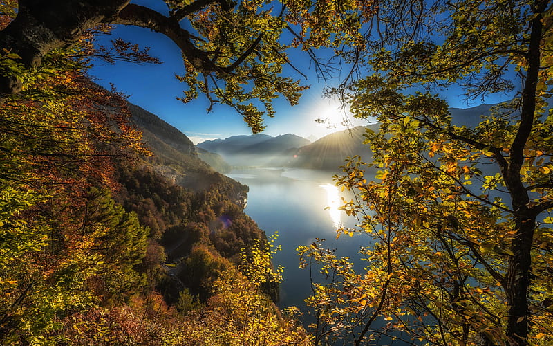 Lake Thun, mountain lake, autumn landscape, mountains, autumn, Bernese Highlands, Bernese Oberland, Switzerland, Thunersee, HD wallpaper