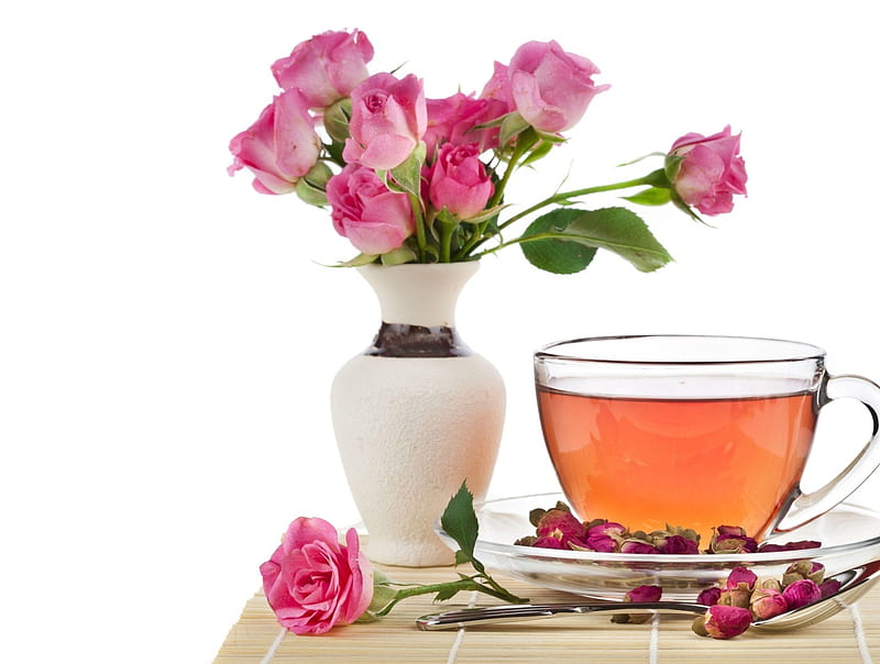Roses and Tea, flowers, food, roses, tea, vase, HD wallpaper