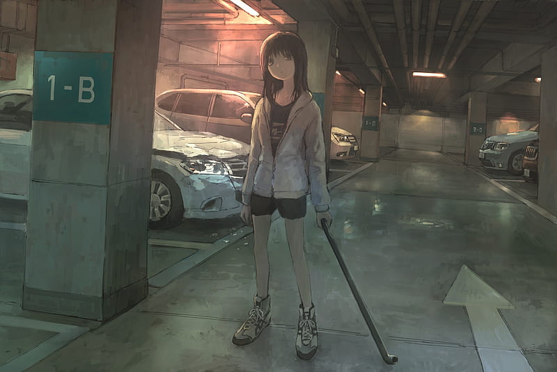 anime girl, parking lot, carros, lights, mood, Anime, HD wallpaper