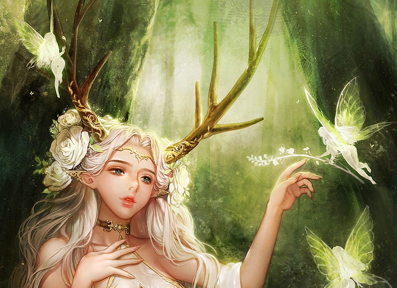 Fairies, forest, fantasy, green, luminos, dahyeon seo, girl, dryad, horns, fairy, HD wallpaper