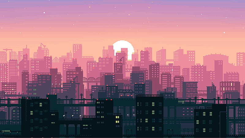 Sunrise, synthpop, fantasy, moon, city, moon, luminos, buildings, pink, HD wallpaper
