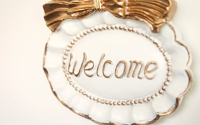 Welcome sign, bronze bow, ceramic sign, Welcome, vintage art, Welcome concepts, HD wallpaper
