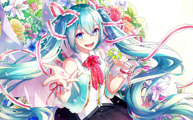 Hatsune Miku, concert, flowers, manga, Vocaloid, HD wallpaper
