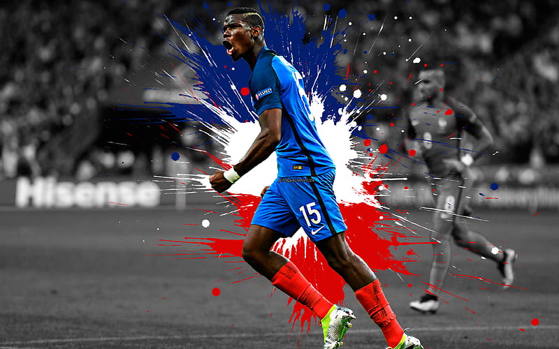 Paul Pogba France national football team, art, splashes of paint, grunge art, french footballer, creative art, France, football, Flag of France, HD wallpaper