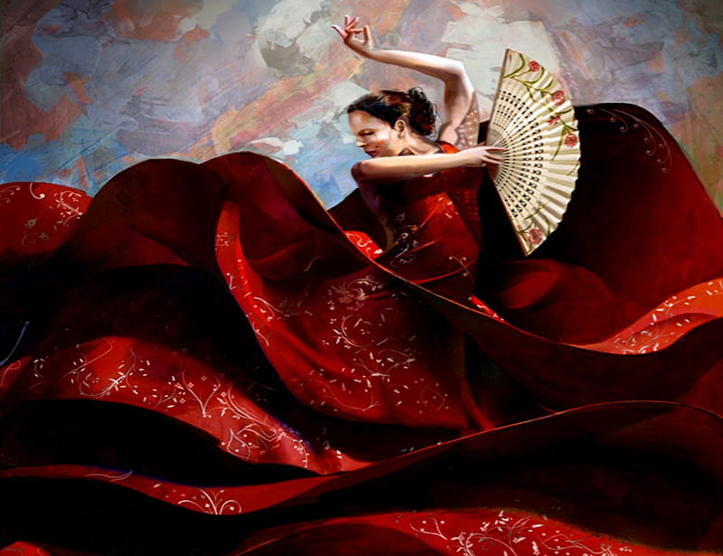 Flamenco, Dress, Red, Dance, Fan, Woman, Hand, Flamence, HD wallpaper