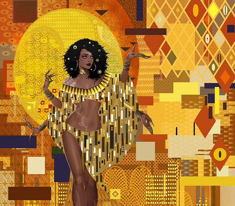 Afro punk by William Nichols, golden, art, fantasy, william nichols, luminos, girl, yellow, afro punk, HD wallpaper