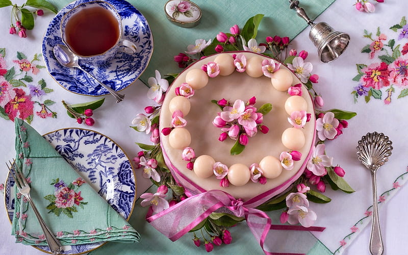 Easter cake, cake, food, easter, tea, sweet, dessert, cup, pink, blue, HD wallpaper