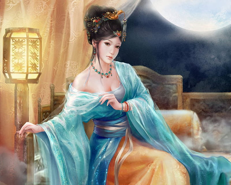 Princess in Zhanguo, pretty, lantern, bonito, magic, classical, sweet, nice, fantasy, moon, anime, hot, beauty, anime girl, dynasty, night, lamp, female, lovely, sexy, cute, sit, girl, oriental, sitting, chinese, HD wallpaper