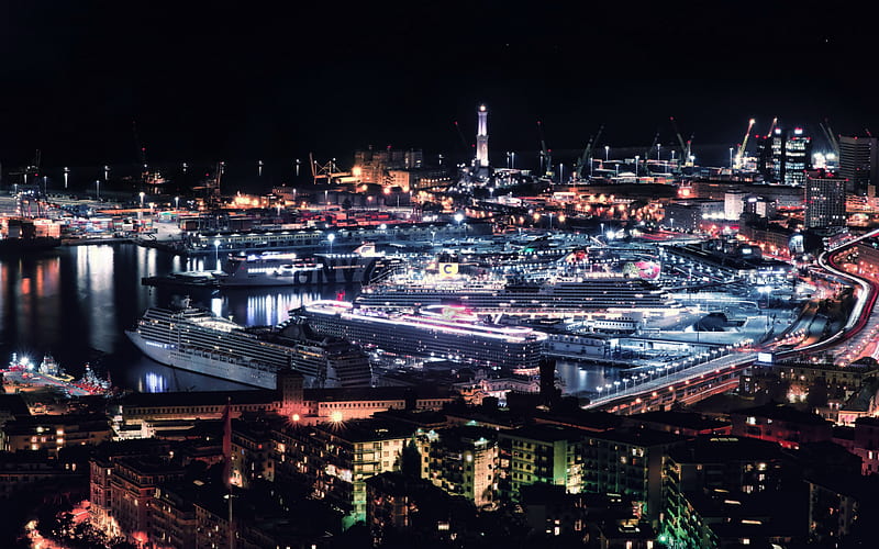 Genova, night, port, cruise ships, Genova panorama, Genova cityscape, Italy, HD wallpaper