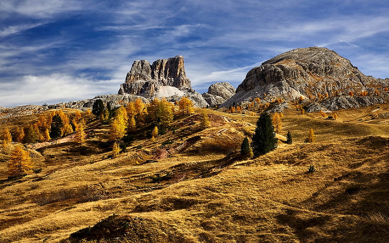 Mountain pass, Passo Falzarego, autumn, mountain landscape, Dolomites, Italy, HD wallpaper