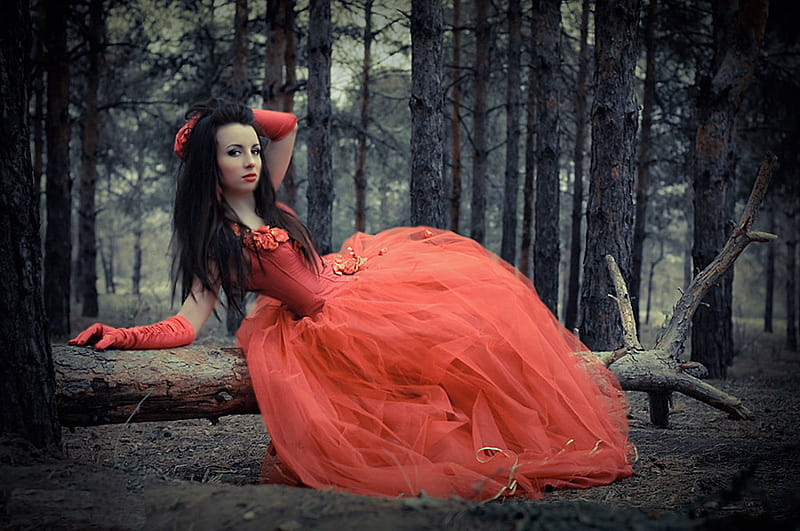Red dress, red, dress, model, girl, HD wallpaper