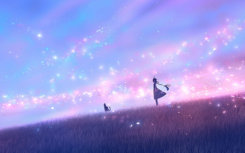 anime landscape, glowing particles, cat, anime girl, Anime, HD wallpaper