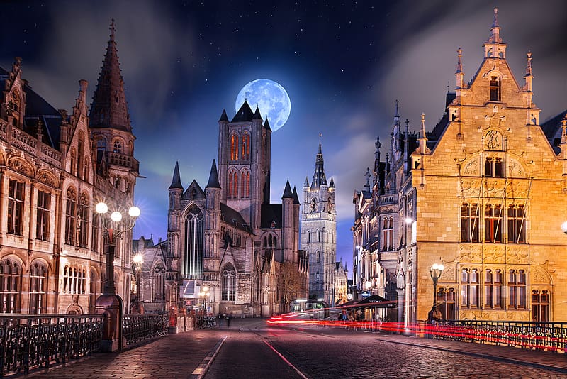Moon, Road, Church, Belgium, Ghent, , Towns, HD wallpaper