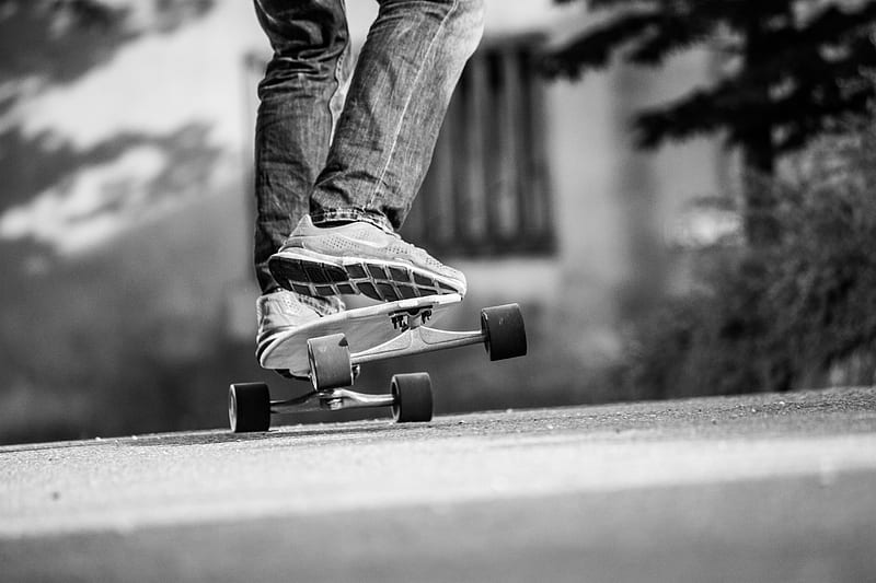skateboard, skate, bw, legs, sneakers, HD wallpaper