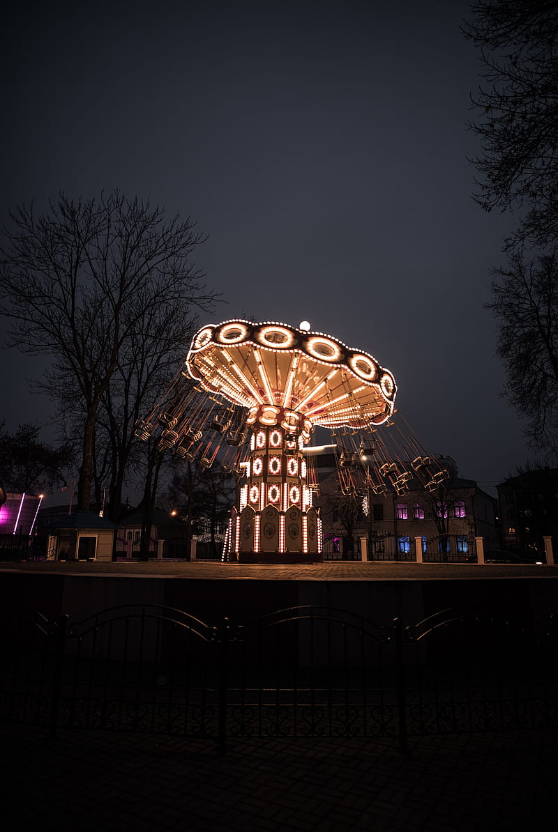 carousel, attraction, lights, night, HD phone wallpaper