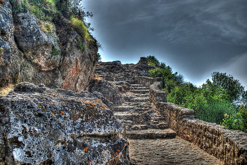 Ancient Stairs, castle entrance, stone, stairs, dark clouds, foliage, HD wallpaper
