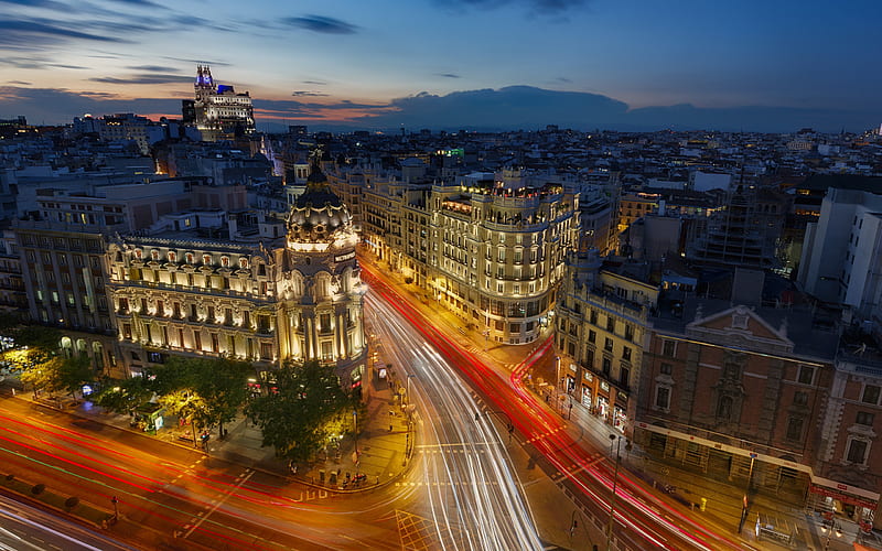 Madrid, evening, sunset, city lights, blurry lights, the Spanish capital, cityscape, Spain, HD wallpaper