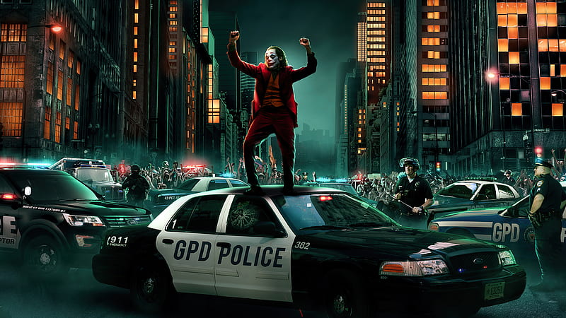 Joker Dancing On Cop Car , joker, supervillain, superheroes, artist, artwork, digital-art, behance, HD wallpaper