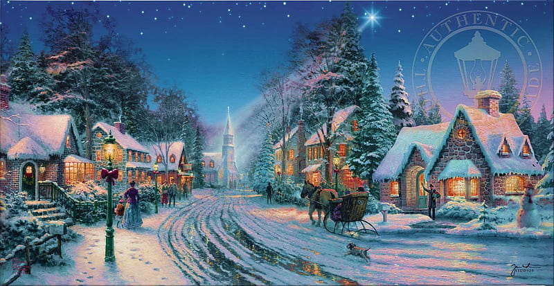 Starlight Evening - Thomas Kinkade Studios, stars, sleigh, houses, horse, winter, artwork, snow, strees, people, painting, village, dog, HD wallpaper