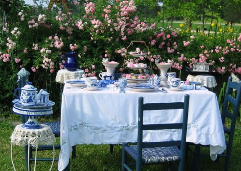Rose Garden Tea Party, garden, nature, roses, tea party, HD wallpaper