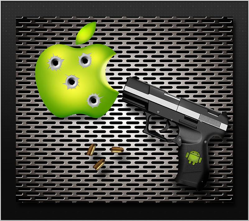 Android V Apple, droid, gun, logo, phone, silver, steel, technology, HD wallpaper