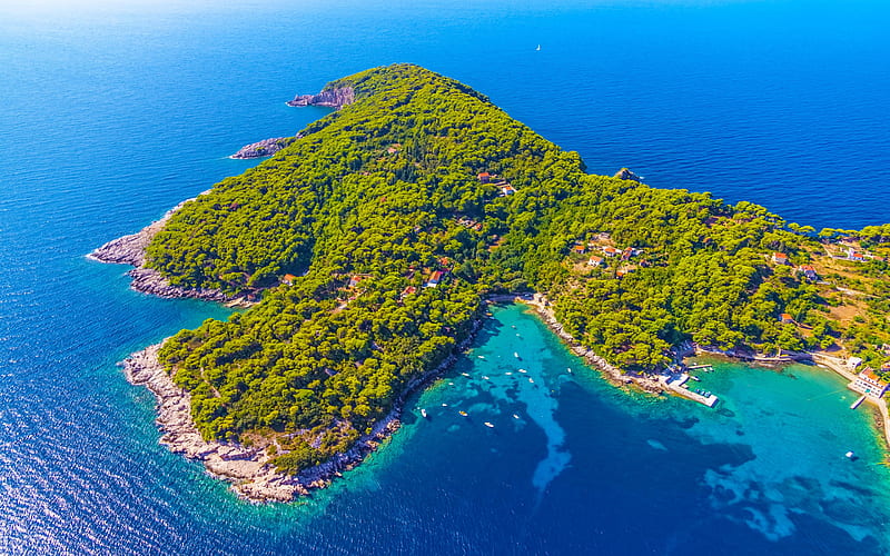 Kolocep, Elaphiti Islands, Kalamota, Adriatic Sea, aero view, summer, Croatian islands, Croatian resorts, travel to Croatia, sea, Croatia, HD wallpaper
