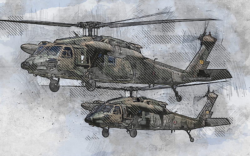 Mitsubishi H-60, japanese military helicopters, grunge art, creative art, painted SH-60JK Seahawk, UH-60JAs, drawing, Mitsubishi H-60 grunge, digital art, JMSDF, japan Maritime Self-Defense Force, JSDF, japan, HD wallpaper