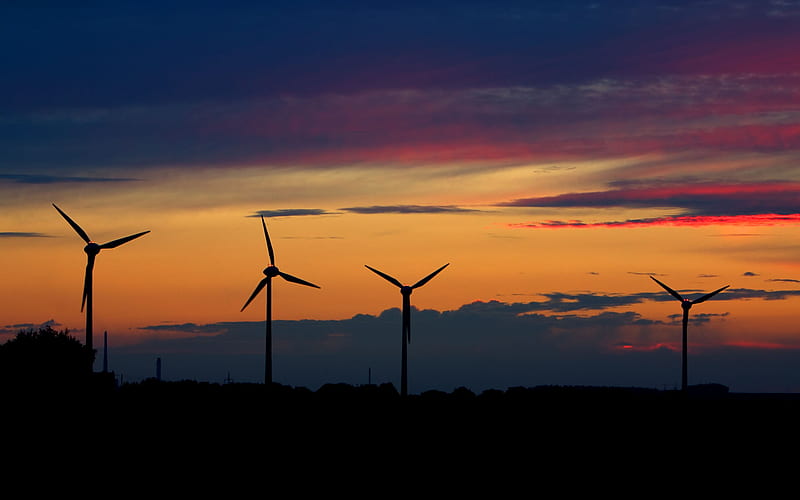 Wind Power, skies, nature, fields, sunrise, sunset, HD wallpaper