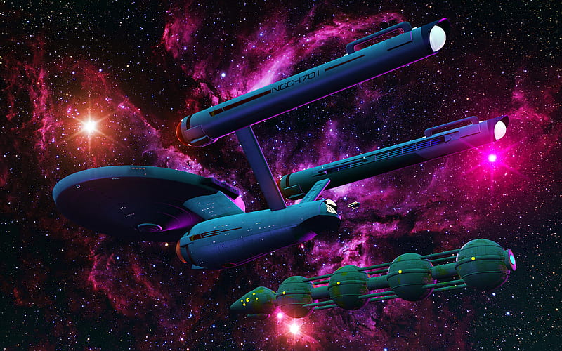 starship enterprise, stars, nebula, starship, freighter, HD wallpaper