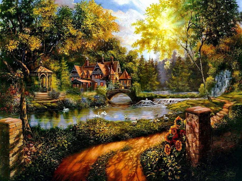 Like in paradise, pretty, house, shore, cottage, cabin, bonito, countryside, nice, painting, path, village, river, forest, fountain, quiet, calmness, lovely, sunlight, creek, trees, swans, lake, pond, water, serenity, paradise, rays, peaceful, summer, HD wallpaper