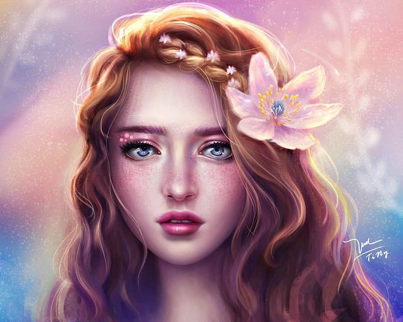 Spring princess, art, frumusete, luminos, redhead, spring, woman, winter princess, girl, tinythanhtruc, flower, beauty, face, portrait, pink, blue, HD wallpaper