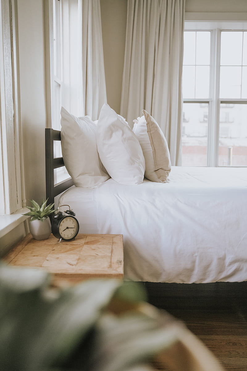 bed, pillows, alarm clock, comfort, HD phone wallpaper