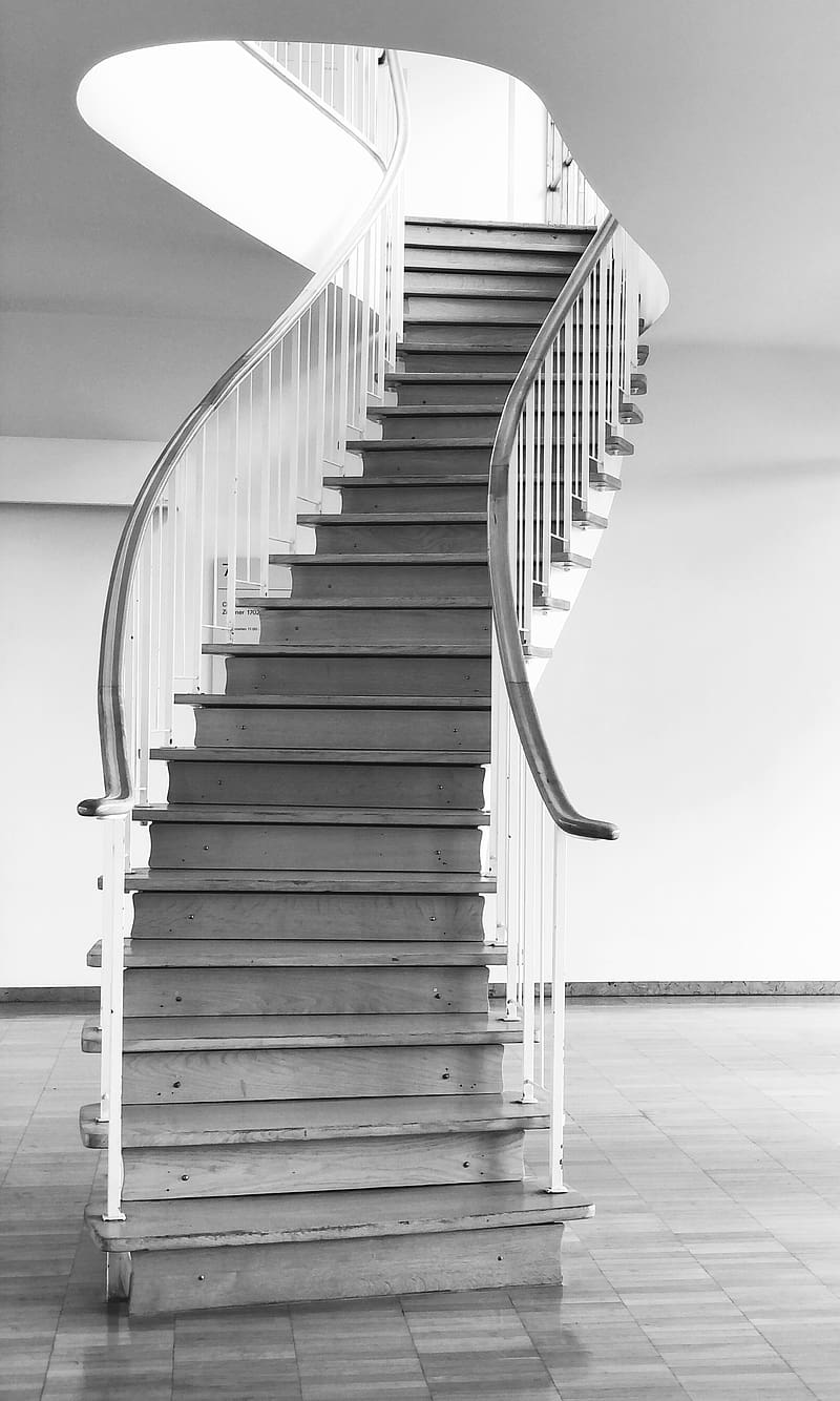 stairs, curve, wooden, black and white, HD phone wallpaper