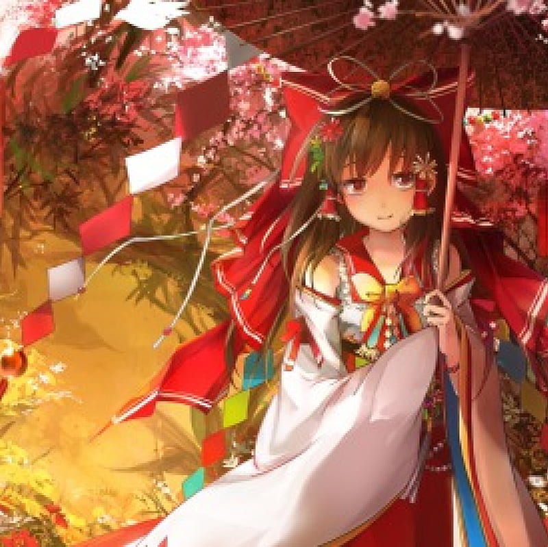 Shrine Maiden, Pretty, Dress, Hakurei Reimu, Sakura Blossom, Umbrella