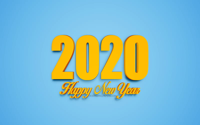 Happy New Year 2020, blue 2020 background, yellow 3d letters, 2020 3d background, creative art, 2020 concepts, 2020 New Year, HD wallpaper