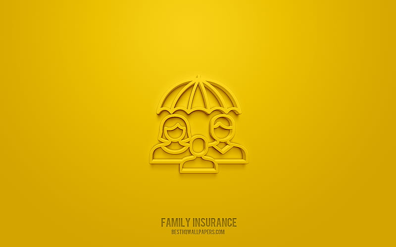 Family Insurance 3d icon, yellow background, 3d symbols, Family Insurance, Insurance icons, 3d icons, Family Insurance sign, Insurance 3d icons, HD wallpaper