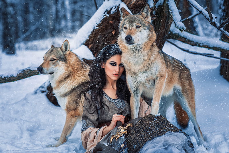 Models, Model, Black Hair, Girl, Snow, Winter, Wolf, Woman, HD wallpaper