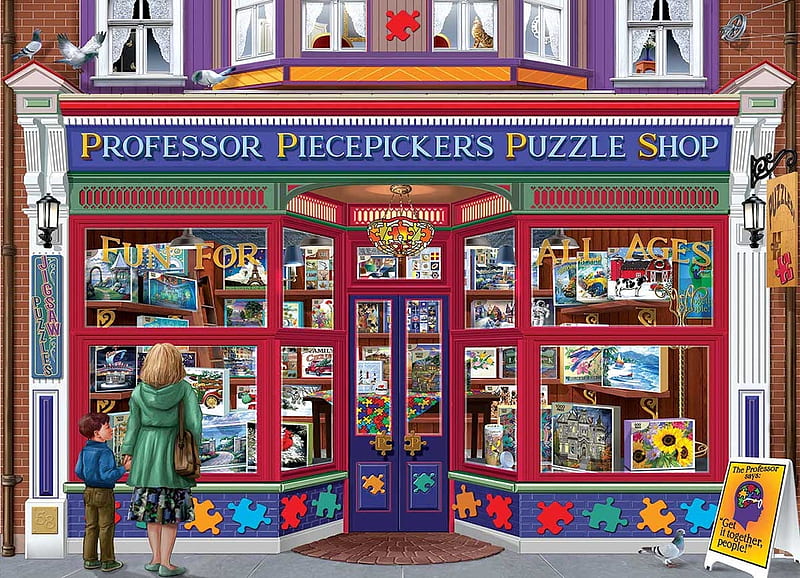 Professor Piecepickers Puzzle Shop, puzzle, jigsaw, shop, tiffany lamp, front, vintage, HD wallpaper