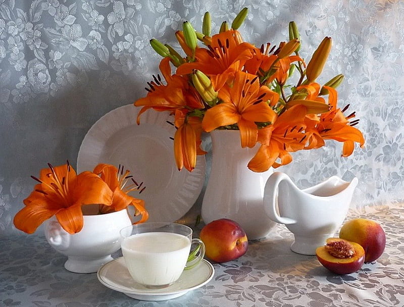 Tigers in white, flowers, tiger lillies, peach, dishes, HD wallpaper