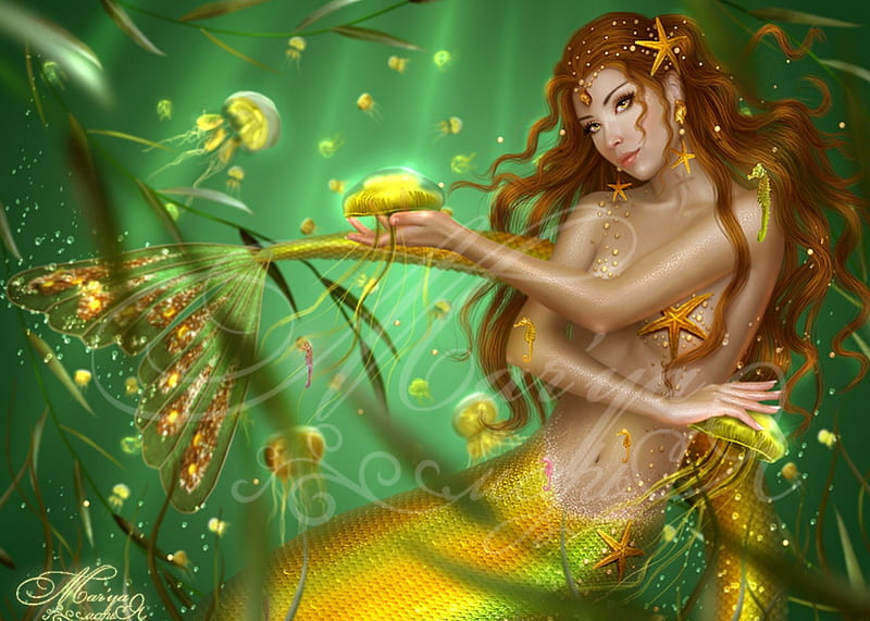 ~Gold Jellyfish Queen~, jellyfishes, pretty, glow, star fishes, charm, underwater world, yellow, bonito, tale of a fish, digital art, woman, hair, gold, splendor, manipulation, bright, girls, seaweed, gorgeous, female, models, fishes, lovely, jellyfish queen, golden, colors, mermaid, diamonds, jewelry, magical, lady, HD wallpaper