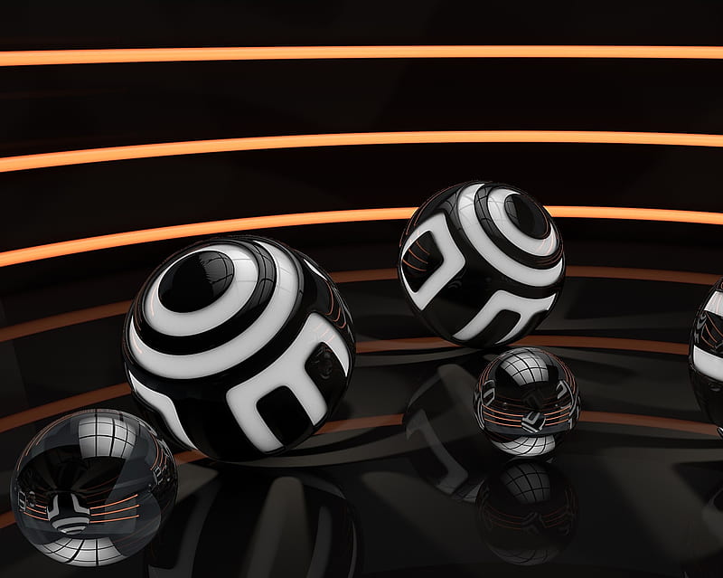 3d Balls, black, circle, mirror, reflection, HD wallpaper