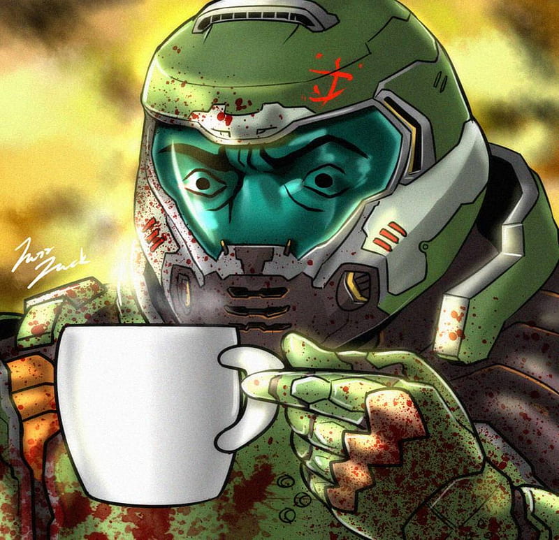 Doomguy and his tea, doom, game, meme, HD wallpaper