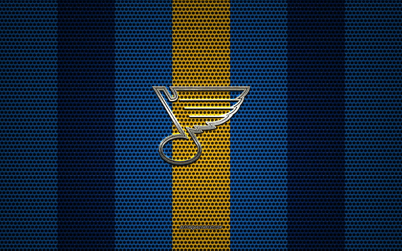 St Louis Blues logo, American hockey club, metal emblem, blue and yellow metal mesh background, St Louis Blues, NHL, St Louis, Missouri, USA, hockey, HD wallpaper