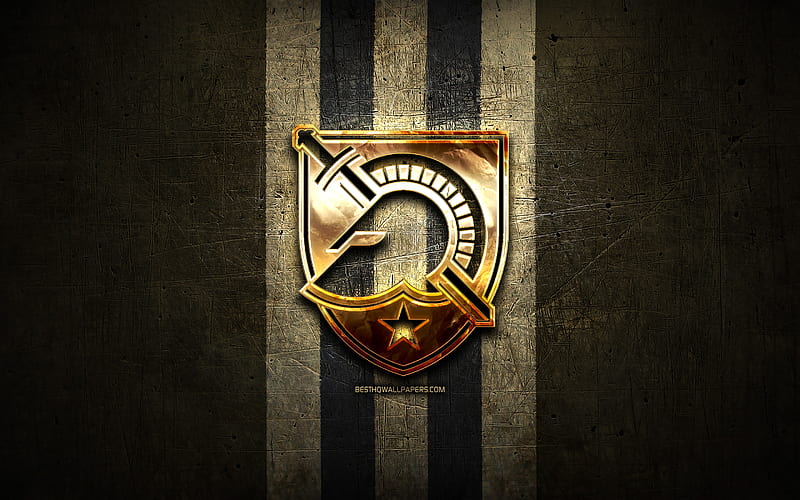 Army Black Knights, golden logo, NCAA, brown metal background, american football club, Army Black Knights logo, american football, USA, HD wallpaper